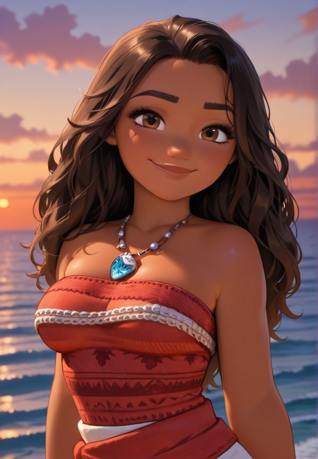masterpiece, best quality, amazing quality, very aesthetic, absurdres,  newest, detailed background, cowboy shot,  outdoors, dynamic angle, bedroom, (perfect eyes, beautiful eyes, detailed eyes,:1.2)
moanaxd, 1girl, solo, dark-skinned female, jewelry, dark skin, necklace, long hair, curly hair, strapless, brown eyes, smile, bare shoulders, outdoors, ocean, upper body,  sky, cloud, looking at viewer,  bare arms, horizon, brown hair, lips, sunset, cloudy sky, black hair, water, evening, large breasts,
posing, sexy, seductive,
 <lora:Moana_-_Disney_Illustrious:1>