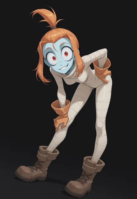 anime, masterpiece, best quality, detailed background, 8k, 1girl, solo, Mel, blue skin, colored skin, red eyes, big eyes, orange hair, ponytail, topknot, white bodysuit, bandages, orange gloves, brown boots, hands on hips, smirk, teeth, breasts, black background, bending over, hand on knee, full body, staring at viewer, no pose
