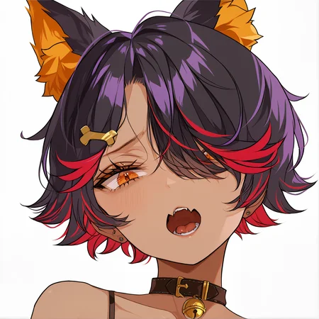 artist:kim_eb,{{artist:namagome_negi}},artist:xxzero,
Li xiahua,multicolored hair,hair over one eye,black hair,red hair,deep skin,dark-skinned female,orange eyes,1girl, solo, short_hair, Bone Hairpin,simple_background, animal_ears,furrowed brow, furious, open mouth, skin fang,:3, fangs,
masterpie,ce,best quality,very aesthetic,highres,absurdres,(semi realistic:1.1),highly detailed,ultra detailed,CG,day,sfw,