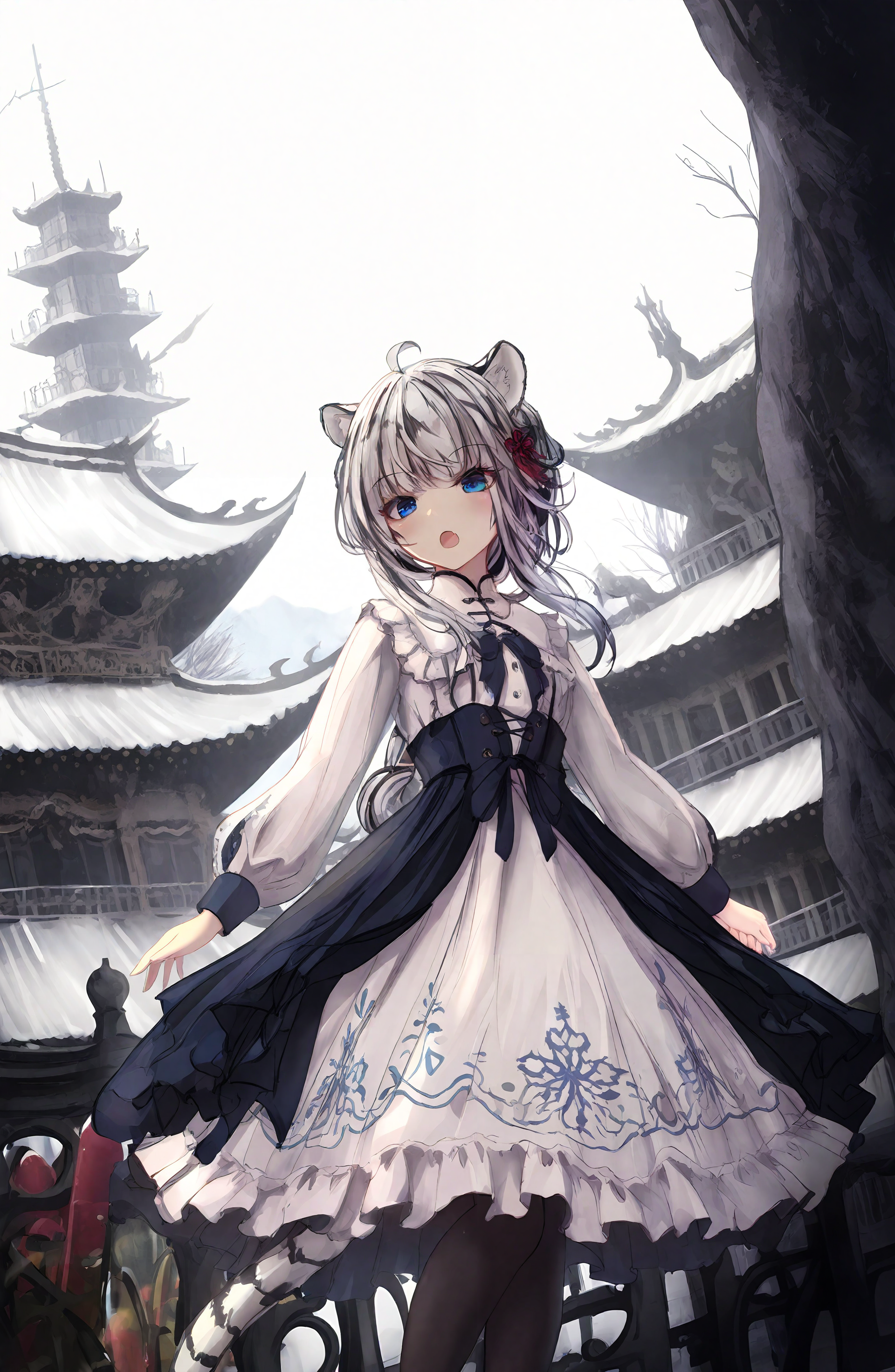 1girl, solo, long_hair, looking_at_viewer, open_mouth, blue_eyes, long_sleeves, dress, animal_ears, standing, tail, white_hair, pantyhose, outdoors, frills, white_dress, blurry, black_pantyhose, feet_out_of_frame, frilled_dress, chinese_zodiac, tiger_ears, architecture, tiger_tail, tiger, year_of_the_tiger, white_tiger