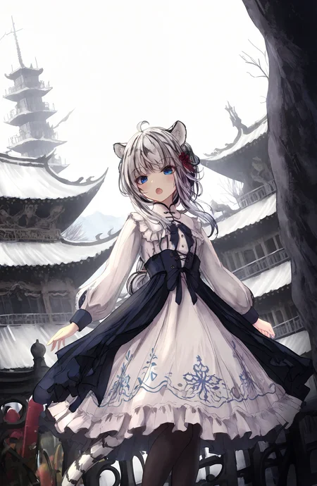 1girl, solo, long_hair, looking_at_viewer, open_mouth, blue_eyes, long_sleeves, dress, animal_ears, standing, tail, white_hair, pantyhose, outdoors, frills, white_dress, blurry, black_pantyhose, feet_out_of_frame, frilled_dress, chinese_zodiac, tiger_ears, architecture, tiger_tail, tiger, year_of_the_tiger, white_tiger