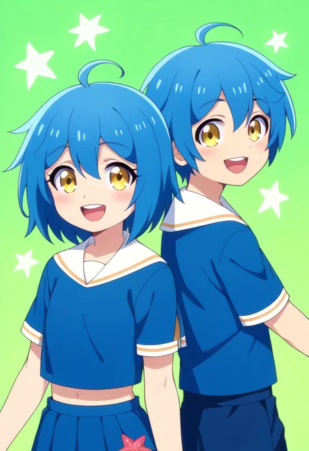 zPDXL3, score_9, score_8_up, score_7_up, boy and girl, duo, twins, :o, ahoge, blue hair, blue shirt, blush, green background, looking at viewer, male focus, open mouth, sailor collar, short sleeves, siblings, smile, star \(symbol\), starfish, yellow eyes, younger,