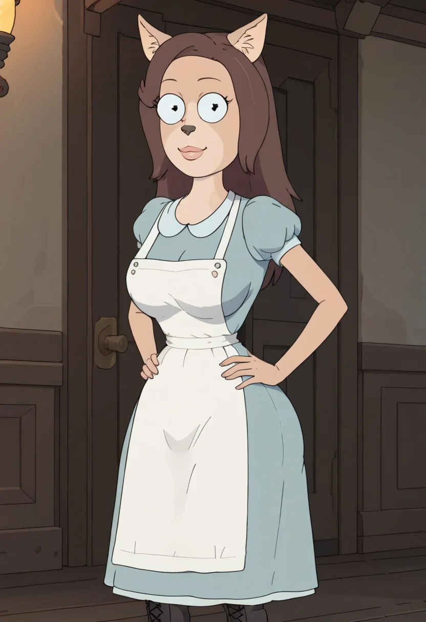 ((bedroom background)),score_9, score_8_up, score_7_up,score_6_up,
1girl, Solo, furry, Arthricia_RaM, feline, cat nose, pointed ears, cat ears, black eyes, light brown fur, darker brown hair, hair flowing, light blue dress, white apron, long black boots, huge breasts, smile, narrow waist, huge hips,huge thighs, huge ass, big eyes, perfect lips, perfect smile, cowboyshot, perfect eyes, perfect face, hands on hips, looking at viewer, perfect pupils, black dot pupils