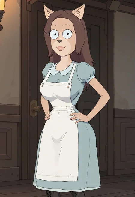 ((bedroom background)),score_9, score_8_up, score_7_up,score_6_up,
1girl, Solo, furry, Arthricia_RaM, feline, cat nose, pointed ears, cat ears, black eyes, light brown fur, darker brown hair, hair flowing, light blue dress, white apron, long black boots, huge breasts, smile, narrow waist, huge hips,huge thighs, huge ass, big eyes, perfect lips, perfect smile, cowboyshot, perfect eyes, perfect face, hands on hips, looking at viewer, perfect pupils, black dot pupils