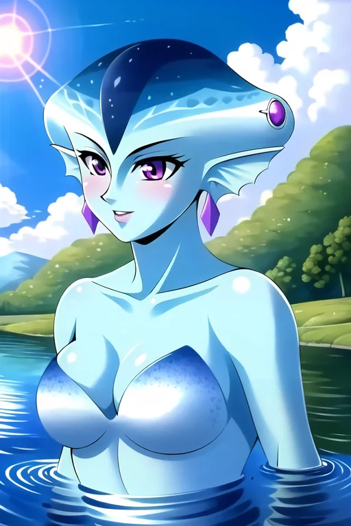 masterpiece, best quality, princess ruto in a lake, fantasy, water, ruto, slim, breasts, realistic, blue skin, zora, 1girl, earrings, fin, fish girl, fin ears, purple eyes, solo, upper body, slim waist, hip focus