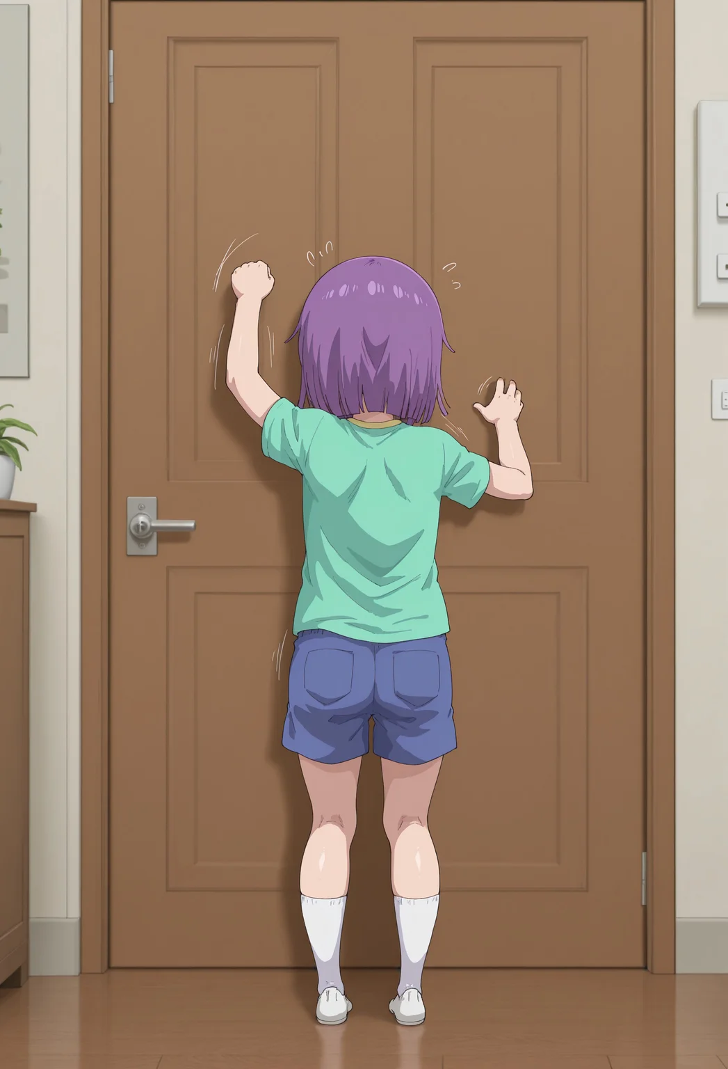 <lora:iwaoCIVITAI:1>, iwao178, magatsuchi shouta \(miss kobayashi’s dragon maid\), 1boy, Preadolescent body, (eye glimmers:1.5), (detailed background:1.5), (aesthetic background:1.5), (masterpiece), (best quality), (ultra-detailed), amazing quality, very aesthetic, illustration, perfect composition, intricate details, shiny skin, realistic, uncensored, child, short purple hair, green shirt, blue shorts, white socks, confused, knocking on door, in front of door, bright corridor, (full body:1.5), (back view:1.5), house plants, light switch, knocking motion lines, (closed door:1.5), knocking door with one fist, one hand grabbing doorknob, panicking, glossy wooden floor, tall door