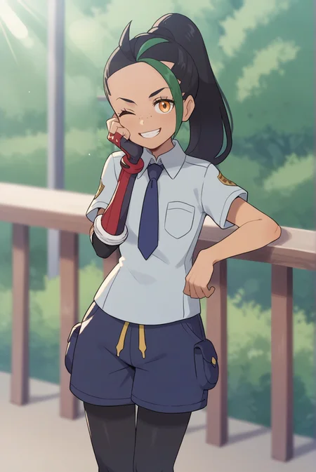 score_9, score_8_up, score_7_up, score_6_up, score_5_up, score_4_up, BREAK source_anime, 1girl, solo,
<lora:PokemonNemonaXL-v1-06:0.7>, ChopioNemona, black hair, green hair, streaked hair, ponytail, long hair, eyelashes, orange eyes, freckles, looking at viewer, 
outfit_2, grey shirt, collared shirt, dark blue necktie, short sleeves, breast pocket, red elbow glove, fingerless glove, single elbow glove, dark blue shorts, legwear under shorts, black leggings, 
school, outdoors, standing, head rest, railing, smile, sunny, light rays, one eye closed, teeth,