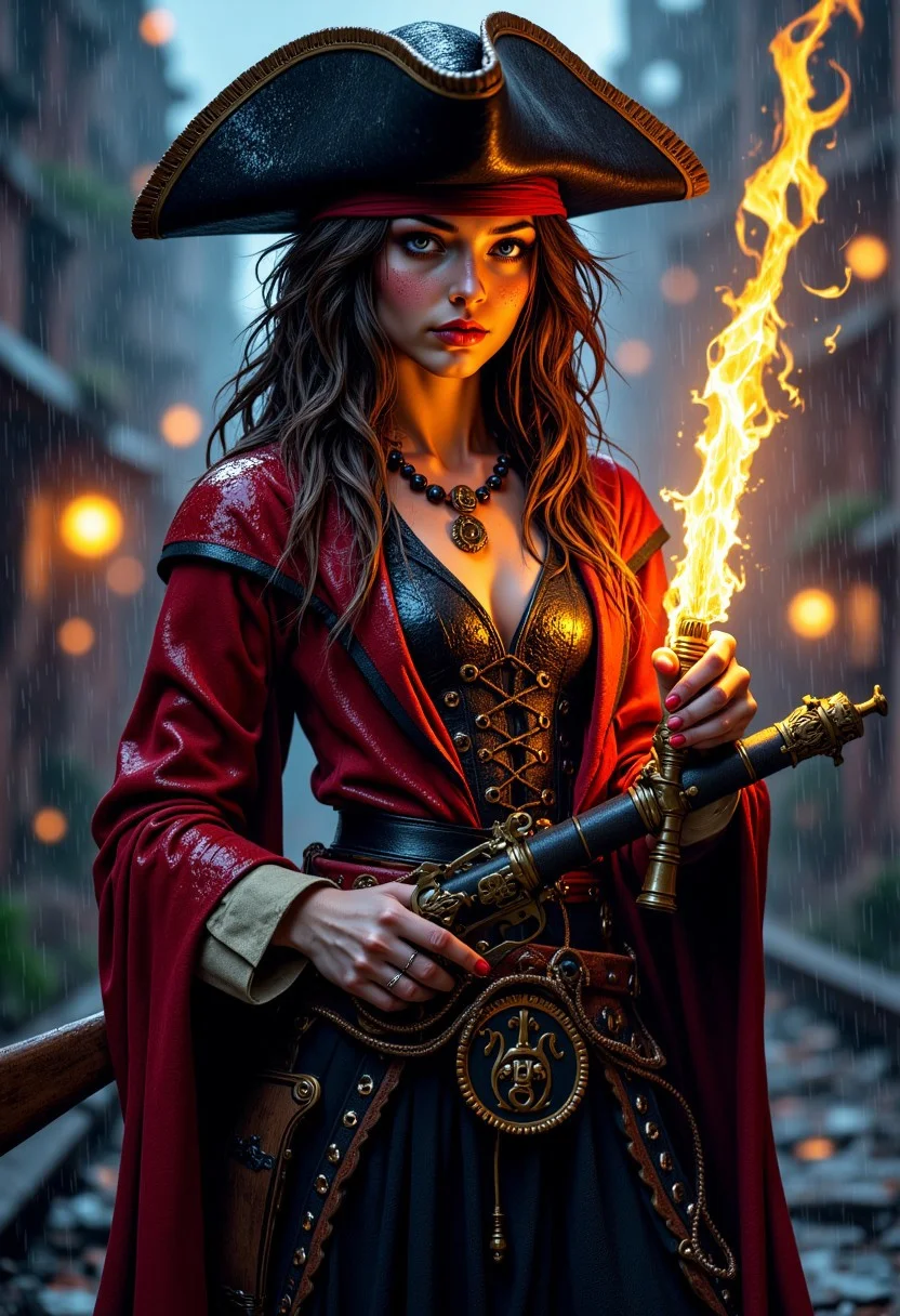 mythp0rt, ultra high quality of mythp0rt, bucaneer pirate girl in the rain wearing pirate triangle hat, cowboy shot, with ornate dagger, the scene is dark only lit by the yellow fire from the gunshots, salt pistol, black red and gold attire, pirate costume, quality shadows best quality