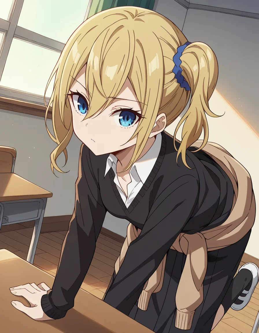 score_9, score_8_up, score_7_up, source_anime,
aihayasaka, <lora:ai-hayasaka-s3-ponyxl-lora-nochekaiser:1>,
ai hayasaka, bangs, blue eyes, blonde hair, hair ornament, hair between eyes, sidelocks, side ponytail, scrunchie, hair scrunchie, blue scrunchie,
shirt, long sleeves, school uniform, shoes, socks, sweater, cardigan, black socks, clothes around waist, shuuchiin academy school uniform, sweater around waist, cardigan around waist,
indoors, classroom, bent over,
looking at viewer, cowboy shot, dutch angle, solo,