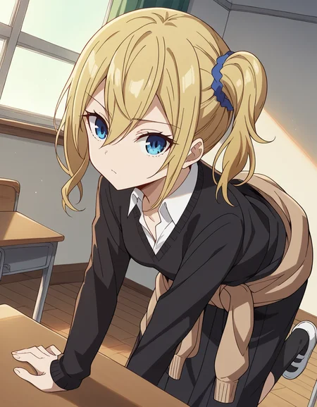 score_9, score_8_up, score_7_up, source_anime,
aihayasaka, <lora:ai-hayasaka-s3-ponyxl-lora-nochekaiser:1>,
ai hayasaka, bangs, blue eyes, blonde hair, hair ornament, hair between eyes, sidelocks, side ponytail, scrunchie, hair scrunchie, blue scrunchie,
shirt, long sleeves, school uniform, shoes, socks, sweater, cardigan, black socks, clothes around waist, shuuchiin academy school uniform, sweater around waist, cardigan around waist,
indoors, classroom, bent over,
looking at viewer, cowboy shot, dutch angle, solo,