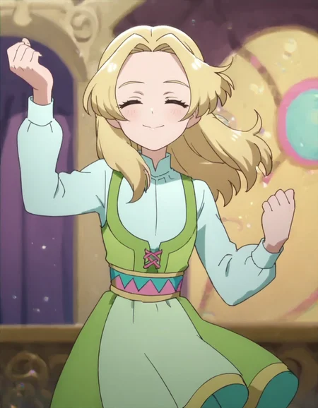 score_9, score_8_up, score_7_up, anime screencap, solo,1girl,smile, long sleeves, green dress, long hair, looking at viewer, blonde hair, shirt, closed eyes, cowboy shot,dancing,blush,<lora:aunete:0.8>