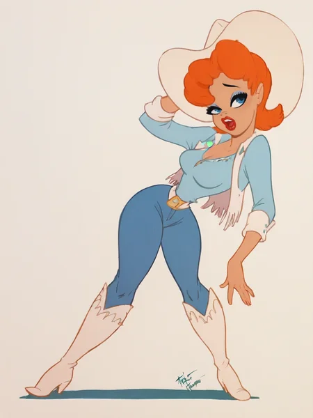 score_9, score_8_up, score_7_up, score_6_up, score_5_up, <lora:texaveryXLP:1> tex avery, 1girl, orange hair, solo, lipstick, blue eyes, short hair, cowboy western, boots, cowboy hat