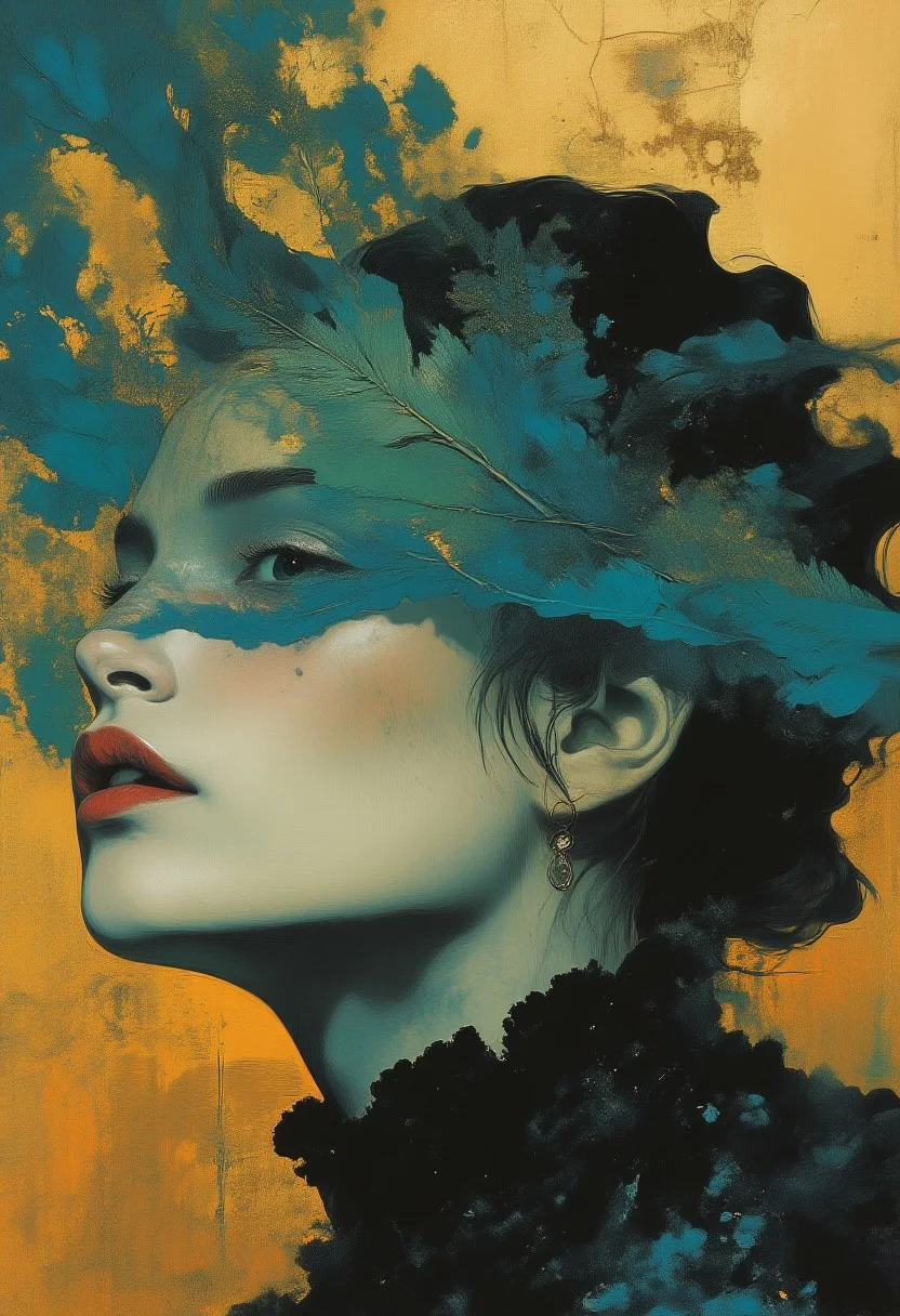 A surreal portrait of a woman with a striking, almost otherworldly appearance. She is captured in a three-quarter view, with her face and shoulders prominently displayed against a gold foil background. Her skin is pale, and her facial features are finely sculpted with sharp, defined contours. She has dark, wavy hair that is pulled back, allowing the focus to remain on her face. Her eyes are a striking, intense blue, and she wears an elaborate, blue veil that covers her entire face except for her lips, which are painted a muted pink. The veil is intricately designed with a delicate, feather-like texture that radiates outward from her face, creating a dramatic and ethereal effect. The feathers are a mix of blue and green, adding a luxurious and almost regal aura to her appearance. She is adorned with a high collar made of dark, fluffy feathers, which adds to the exotic and fantastical nature of the image. The overall composition is both elegant and mysterious, evoking a sense of ancient mythology and fantasy. shanshui, gongbihua