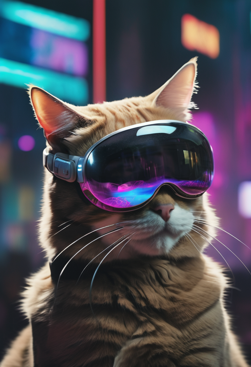a cat wearing vsnz headset, in cyberpunk setting  <lora:AppleVisionProDoguXL_vsnz:1>