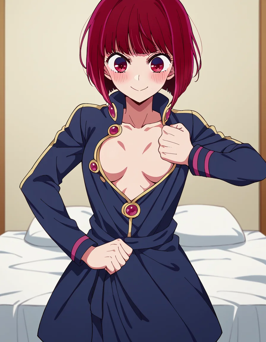 score_9, score_8_up, score_7_up, source_anime, kanaarima, <lora:kana-arima-s1-ponyxl-lora-nochekaiser:1>, kana arima, short hair, bangs, red eyes, red hair, bob cut,, <lora:giorno-giovannas-pose-ponyxl-lora-nochekaiser:1>, giorno giovannas pose, giorno giovanna's pose (jojo), jojo pose, hand up, arm up, clenched hand, hand on waist,, blush, shirt, no bra, center opening, smile, bed room, collarbone,, cowboy shot