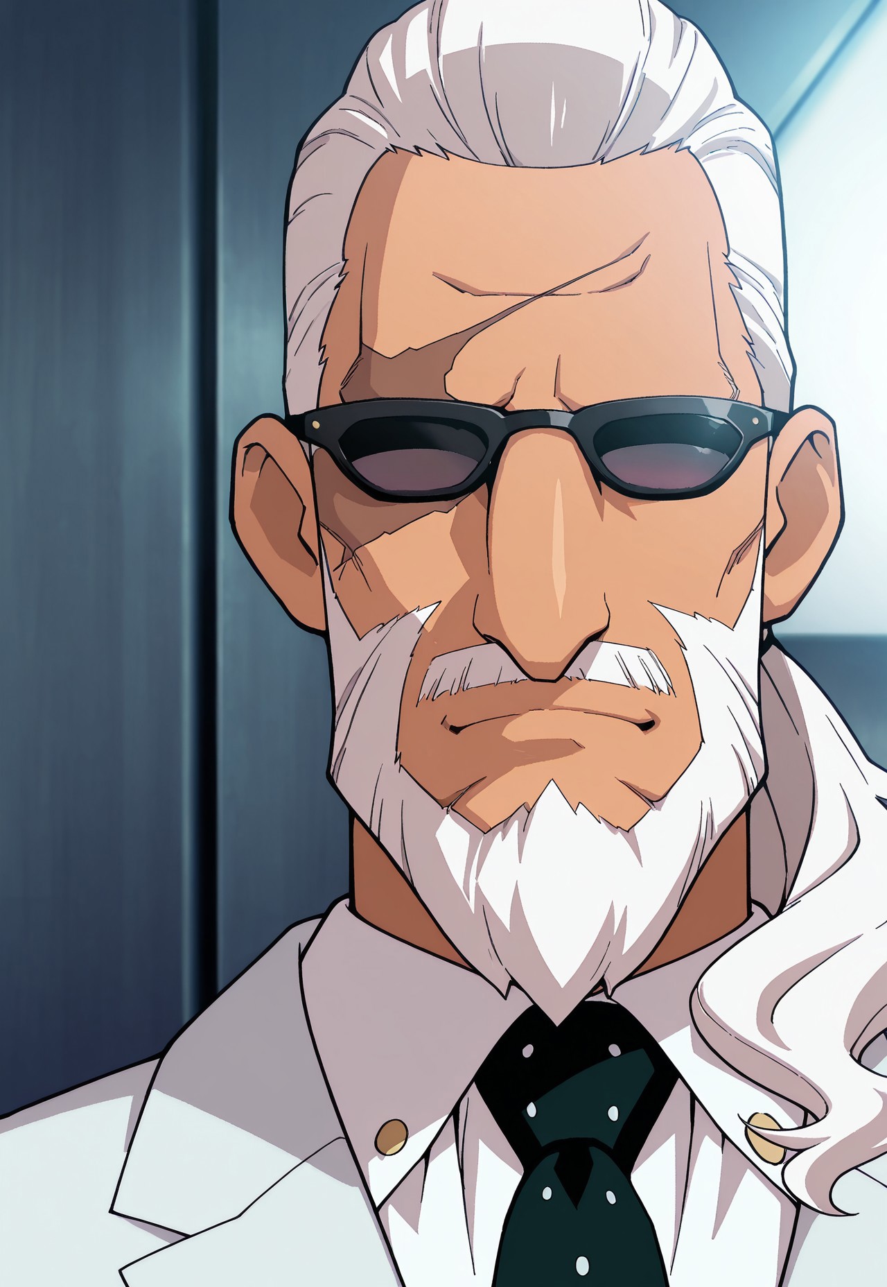 solo, masterpiece, detailed, uwa, huge filesize, ultra hd, best quality, (absurdres, highres), 1boy, official art, bright, male

InaGoReiji, white hair, beard, sunglasses, suit, necktie, portrait, headshot, looking at viewer
