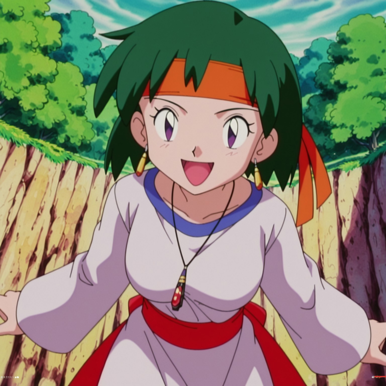 masterpiece, best quality, amazing quality, amazing quality,very aesthetic,absurdres,best quality,newest,masterpiece, breasts, anime screencap, anime artstyle, winking, happy, breasts, anime screencap, anime coloring,safe_pos, safe_pos, score_9, score_8_up, score_7_up,pokemon rochelle, pokemon, green hair, headband, short hair, jewelry, earrings, purple eyes, 1990's (style), necklace, long sleeves,