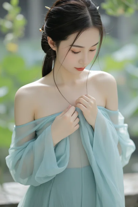<lora:ã麦æ©éè¡£ãMajicflus:0.7>, qingyi, In the soft morning light, a close-up captures a delicate young woman wearing a cyan translucent hanfu, with her bare shoulders and arms subtly visible. She gently adjusts her loose neckline, the skirt ending just above her knees for a breezy and minimalist appeal. Her loosely styled updo is adorned with small jade pins. The background features a misty lotus pond and swaying leaves.âââ