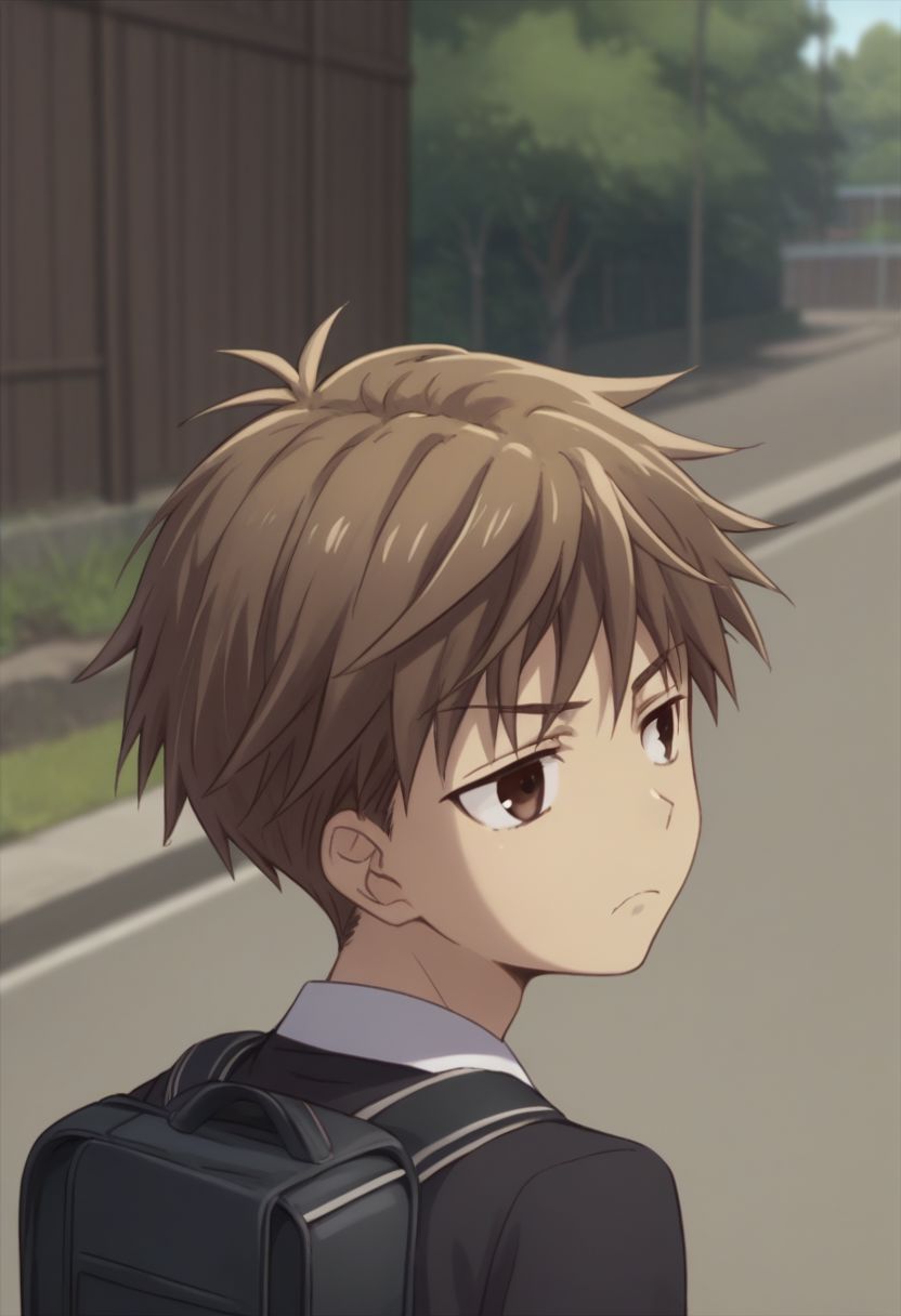 score_9, score_8_up, score_7_up, source_anime, highly detailed, 1boy, solo, male_focus, 
hiro_sohma, solo, brown eyes, brown hair, short hair, school uniform, backpack, bag, upper body, shirt, outdoors, back, looking back, bored,
