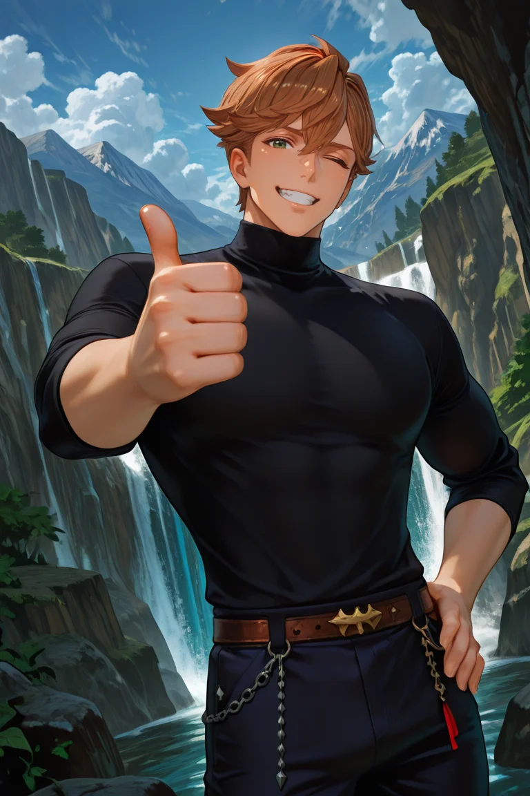 Viktor von Duerer-1male focus, brown_viktor von duerer_hair, green_viktor von duerer_eyes, black turtleneck shirt, viktor von duerer_pants, Viktor von Duerer_ribbon-belt-chain, looking at viewer, grin, teeth, one eye closed, wink, shiny skin, thumbs up, one hand on hip, confident pose, sparkling teeth, cowboy shot, outdoors, waterfall, cloudy sky, mountain horizon, scenery, shadow, dutch angle, dynamic angle, dynamic action, atmospheric perspective, cinematic, intricately detailed illustration, depth of field, masterpiece, best quality, amazing quality, very aesthetic, absurdres, newest, very awa, sparkle