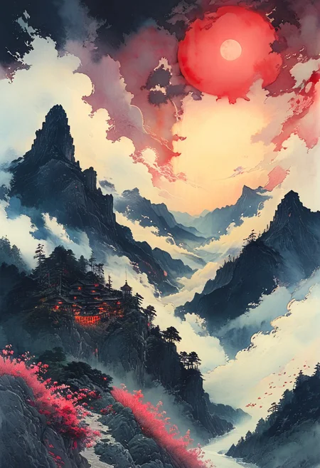 in the style of ck-sfc,, Moody Studio Ghibli Dark Fairytale, nistyle, a DARK and gritty Sketch combined with water color techniques, A serene Mountain landscape, a pastel Red watercolor sun ist briefly shining through some ultradetailed billowing translucent clouds, meadow, Low Angle, wide Screen scenery, artilands02, desolate Sci-fi cubistic buildings are visible beneath the mist