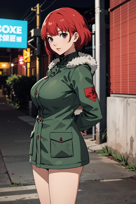 (best quality:1.2), 1girl, (sideways, arms behind back, Parka, grimace, alternate hair color, very short hair, multiple braids, huge_breasts, path),