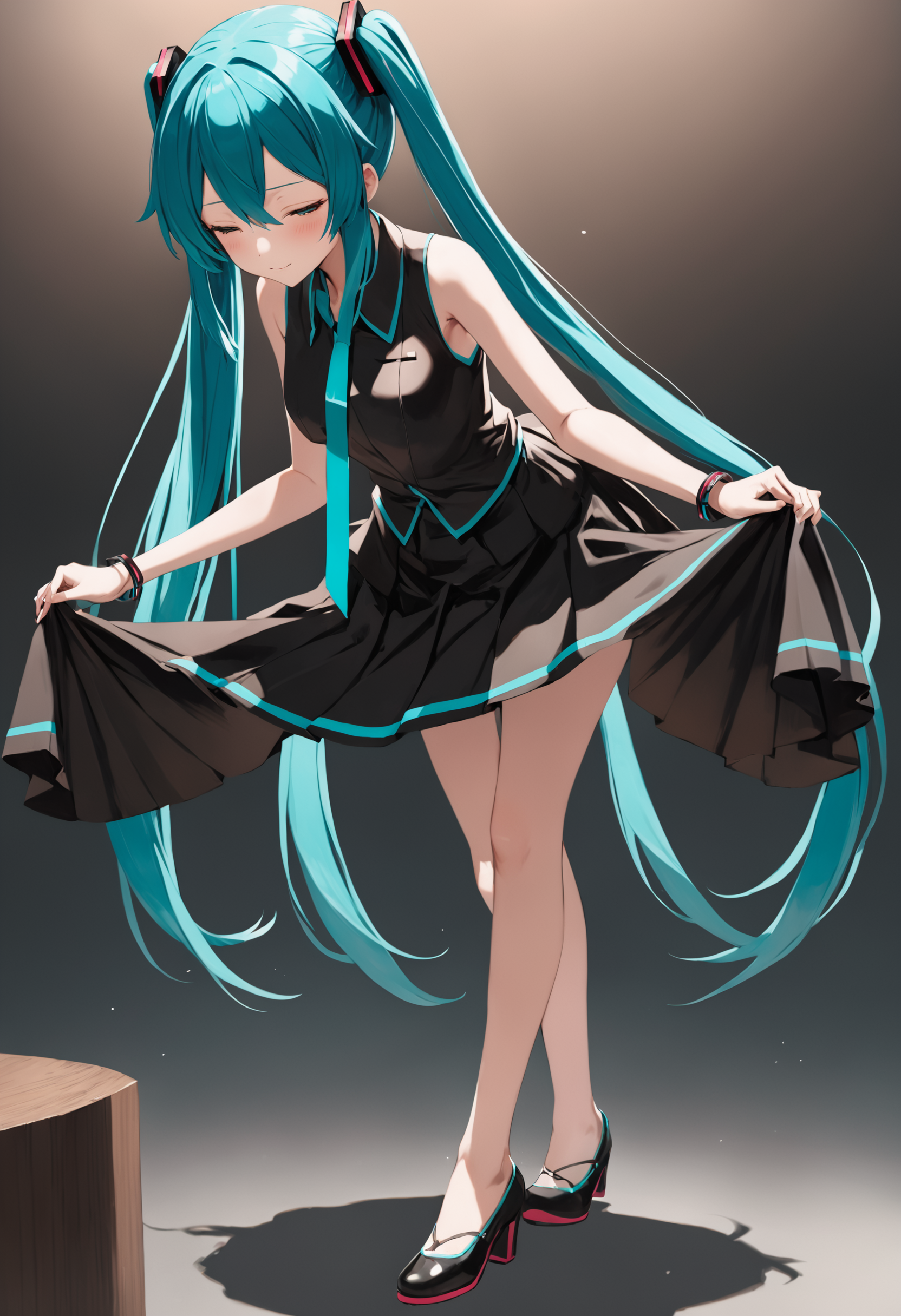 1girl, skirt hold bowing, crossed legs, black skirt, sleeveless shirt, hatsune miku, light smile,
masterpiece, best quality, very aesthetic, absurdres
<lora:skirt_hold_bowing_sdxl_d16:1>