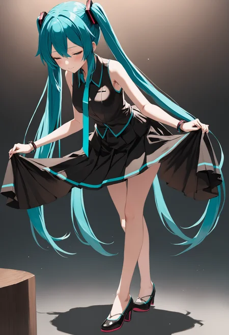 1girl, skirt hold bowing, crossed legs, black skirt, sleeveless shirt, hatsune miku, light smile,
masterpiece, best quality, very aesthetic, absurdres
<lora:skirt_hold_bowing_sdxl_d16:1>
