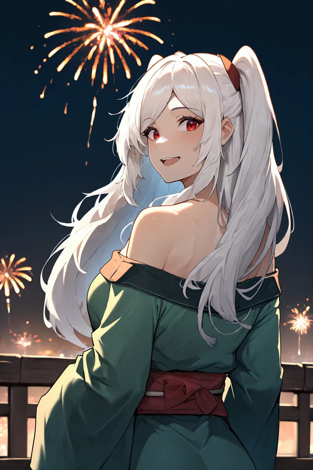 masterpiece, best quality, 1girl, solo, <lora:alexiamidgar-illu-nvwls-v1-000006:1> amidgar, white hair, red eyes, two side up, long hair, green kimono, sash, off-shoulder kimono, from behind, looking back, looking at viewer, night sky, fireworks, happy, open mouth
