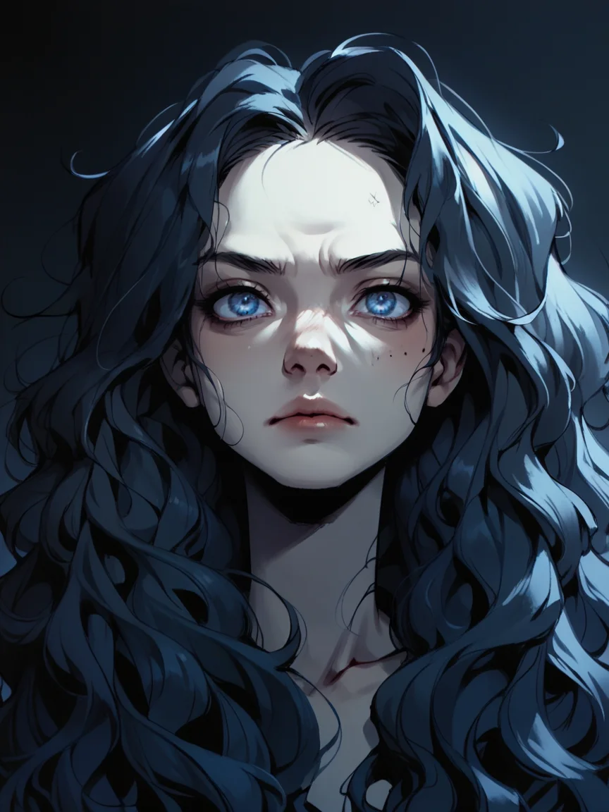 score_9, score_8_up, score_7_up, score_6_up, score_5_up, <lora:NfXLP:1> nf, 1girl, blue eyes, long hair, gloomy, wavy hair, black background,