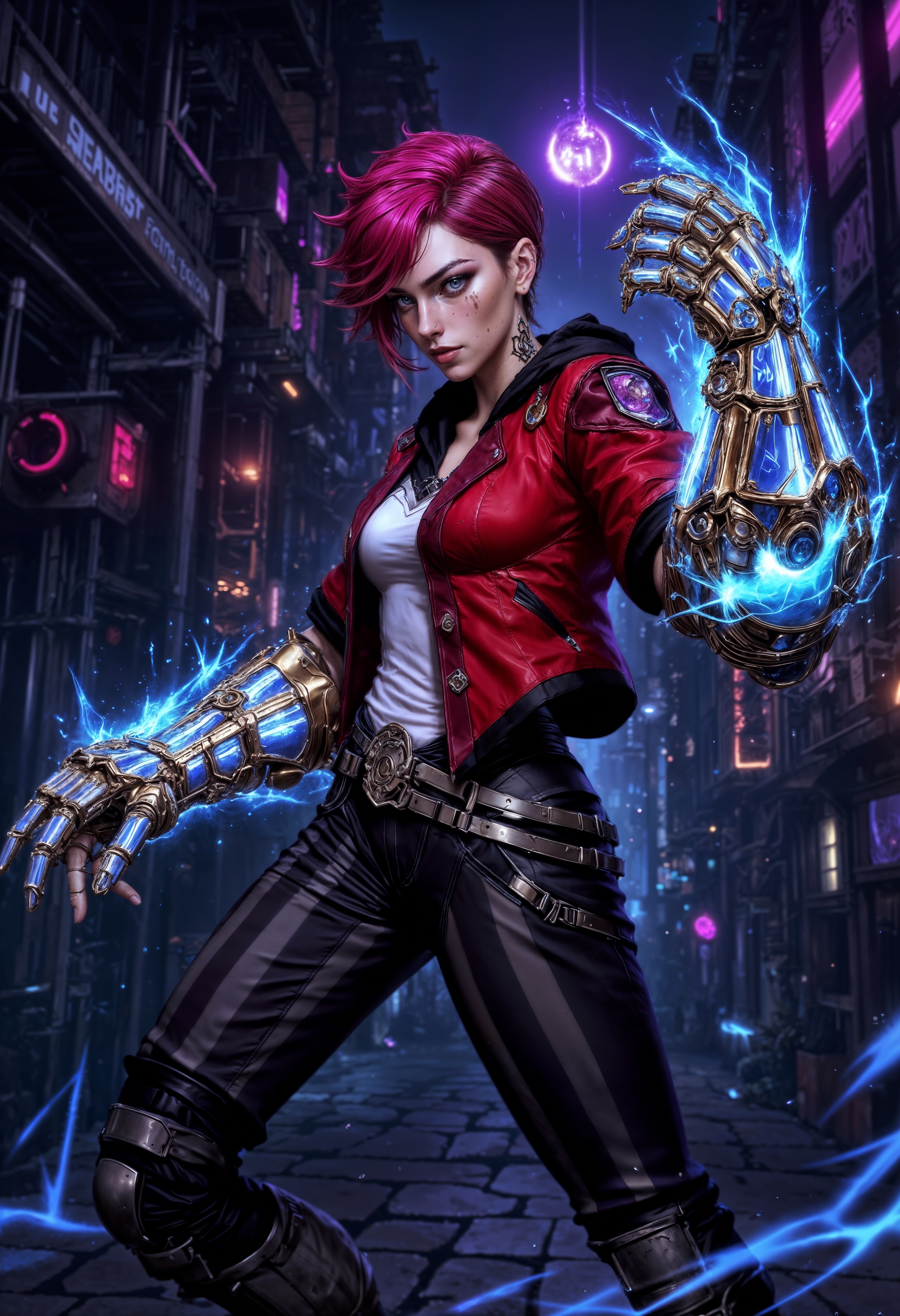 ViA, a digital illustration in a vibrant, dynamic style, depicting a futuristic urban scene. The central figure is a woman with short hair, wearing a red jacket and dark pants. She has a determined expression and is wielding large, mechanical gauntlets that emit blue electricity. Her skin is light-toned. The background features a dimly lit alley with neon lights. The scene conveys a sense of action and intensity.  <lora:FluxMythP0rtr4itStyle:0.6> <lora:Midjourney_Dreamlike_Fantasy_FLUX_LoRA:0.6> <lora:Elden_Ring_-_Yoshitaka_Amano:0.33> <lora:FluxViA:0.9>