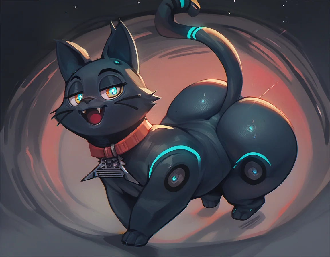 score_9, score_8_up, score_7_up, score_6_up, score_5_up, score_4_up, by doodle dip, black sky, 808, female, feral, collar, looking at viewer, smile, big butt  <lora:808HiFiRush-PonyXL_04-nd64-lr2-3000:1>