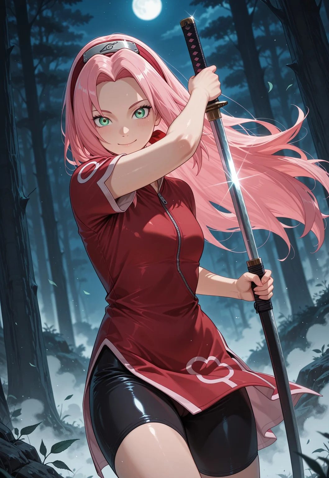 (1girl, focus on girl, haruno sakura, pink hair, red headband, very long hair, green eyes, red shirt, red qipao, zipper, short sleeves, bike shorts, smile, action pose, holding katana, looking at viewer) light reflecting on skin, sparkly eyes, moonlight, fog, shiney skin, forest, trees, dutch angle, leafs in the air, wind blowing, local color adaptation, blurred background, foreshortening, side view, close-up, G0thicL1nes, night, moonlight,