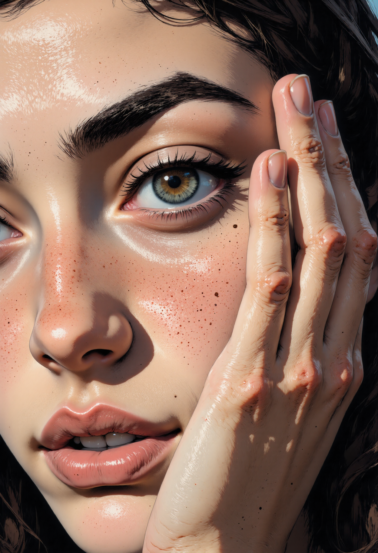 This intimate close-up portrait captures the serene features of a young woman's face. Her piercing emerald green eyes, fringed with thick lashes, seem to gleam with an inner light, as if reflecting the beauty of a tranquil lake. The camera's gaze is drawn to her left eye, where a delicate eyebrow arches upwards, subtly accentuating the gentle slope of her cheekbone.  The subject's skin is smooth and unblemished, with a subtle sheen that hints at a gentle moisturizing routine. Her lips, slightly parted, reveal a subtle pink undertone, while her nose is small and slightly upturned, giving her a pert, endearing quality.  The woman's hand is raised to her forehead, her fingers cradling her face with a tender, almost maternal gesture. Her eyes seem to be gazing inward, lost in thought, as her eyebrows are furrowed in a gentle, contemplative expression.  The lighting is soft and diffused, casting a warm, golden glow over the subject's features. The camera angle is a close, almost invasive, shot, drawing the viewer into the woman's inner world. The style is minimalist, with a focus on capturing the subtleties of the subject's expression and skin texture.<lora:CustomFlux/MysticComic-v2.safetensors:1.0:1.0>