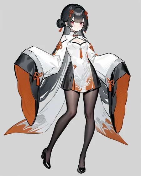 masterpiece,best quality,full body,standing,standing on one leg,looking at viewer,
<lora:xuankai_xl:0.75>,xuankai snowbreak,1girl,solo,cleavage cutout,long hair,pantyhose,sleeves past wrists,sleeves past fingers,black hair,hair bun,black footwear,clothing cutout,black pantyhose,chinese clothes,red eyes,hair ornament,dress,long sleeves,multicolored hair,wide sleeves,bangs,tassel,double bun,flower,hair flower,white dress,