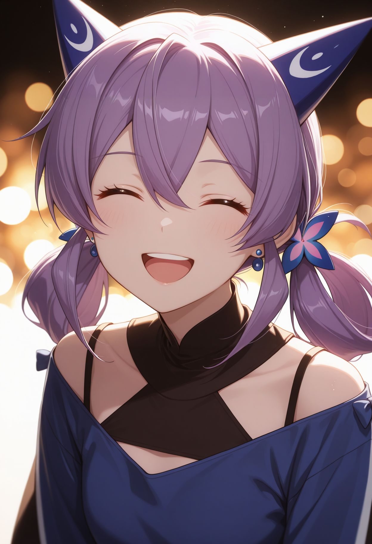 masterpiece,best quality,absurdres,highres,very aesthetic,high quality,detailed,insanely detailed,beautiful,perfect lighting, ,depth of field,blurry background,bokeh, looking at viewer,  smile, 
 <lora:Flatorte illu:1>1girl, closed eyes, purple hair, smile, open mouth, white background, simple background, blue shirt, upper body, twintails, facing viewer, hair between eyes, long hair, earrings, ^ ^, jewelry, :d, hair ornament