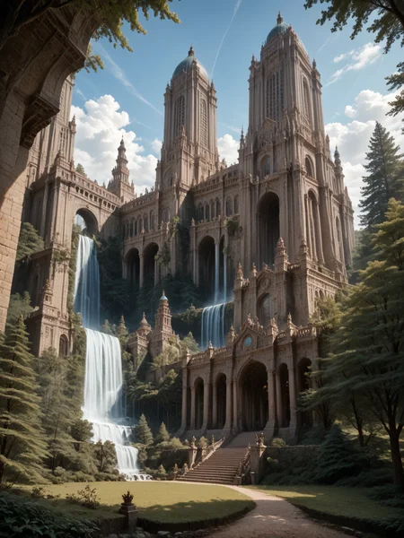 ethereal fantasy concept art of  score_8-up, score_7_up, low angle view, impressive scenery, general view, massive elven monument, majestic white building white elven architecture, straight  curved lines, perfect contrasts, detailed dark shadows, lossless details highlights, innovative composition <lora:Majestic-Fantasy-Architecture-V2_ponyXL_LOREVER:0.7> mafarch, outdoors, lost in a forest, detailed trees, waterfalls, bright lights, magnificent, celestial, ethereal, painterly, epic, majestic, magical, fantasy art, cover art, dreamy