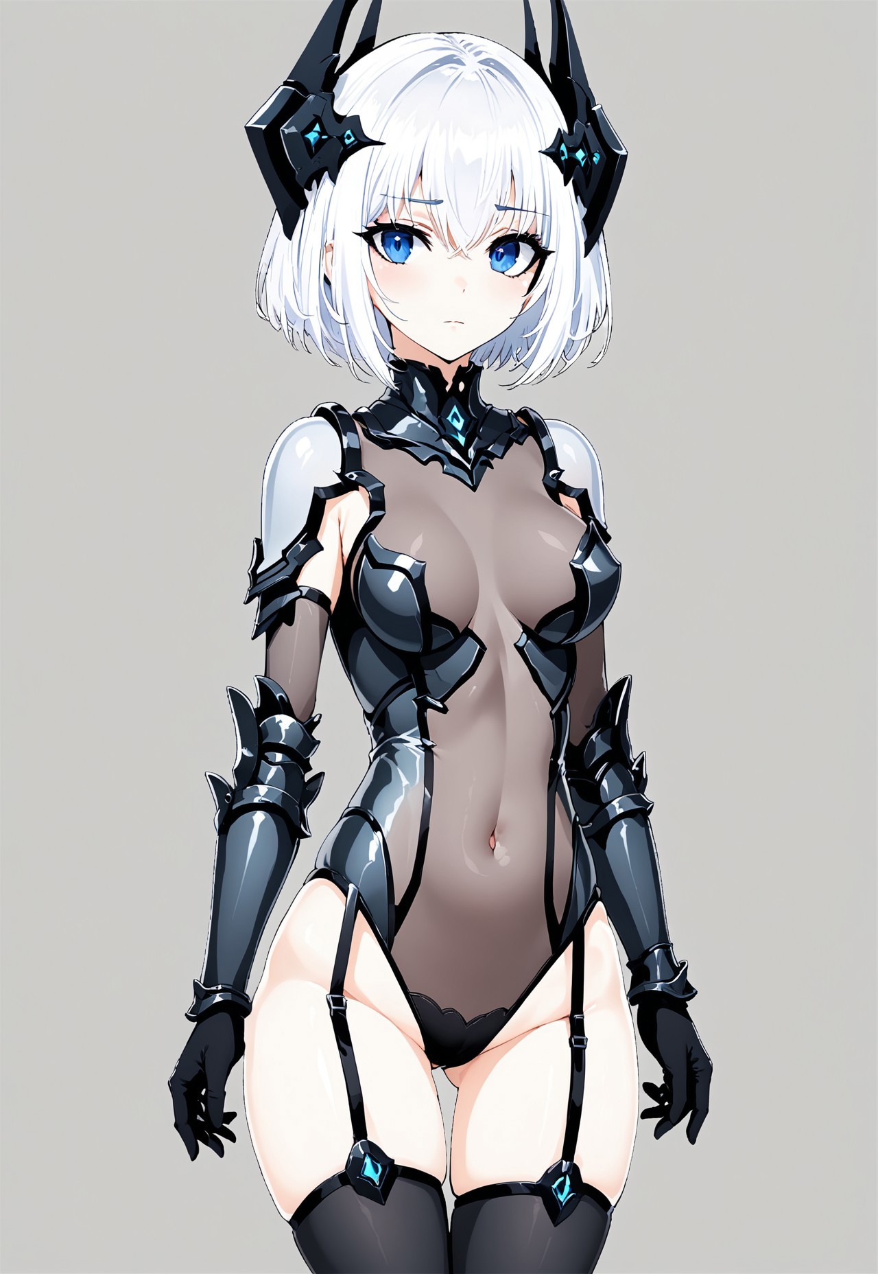 embedding:urn:air:sd1:embedding:civitai:222256@250708, eye catching, masterpiece, best quality,
1girl, tobiiast, white hair, hair between eyes, short hair, bangs, blue eyes,  hair ornament, 
leotard, see-through, armor, covered navel, black gloves, elbow gloves, headgear, thigh strap, thighhighs, turtleneck,
expressionless, full body, standing, solo, looking at viewer, simple background, solid grey background 