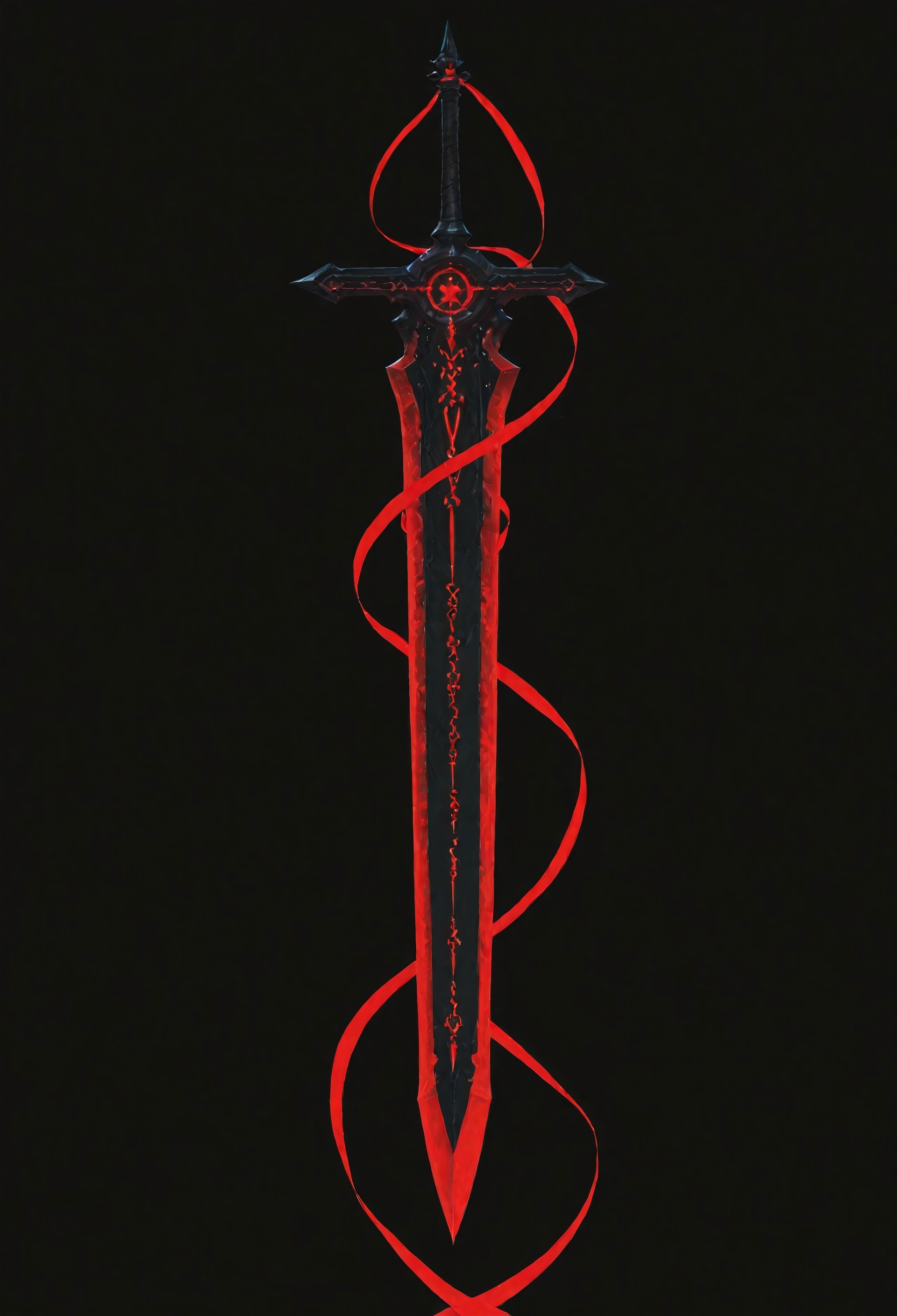 lazypos, vera_awa, EdgeOfAvarice, greatsword, glowing red runes, dark fantasy, demonic weapon, elegant, single weapon, extremely high detail, glowing runes, power, flowing ribbon, black background, dutch angle, floating, crimson energy 