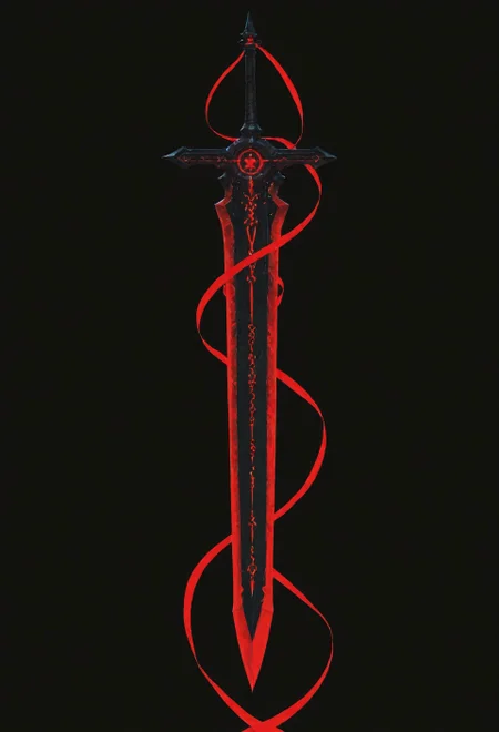 lazypos, vera_awa, EdgeOfAvarice, greatsword, glowing red runes, dark fantasy, demonic weapon, elegant, single weapon, extremely high detail, glowing runes, power, flowing ribbon, black background, dutch angle, floating, crimson energy 