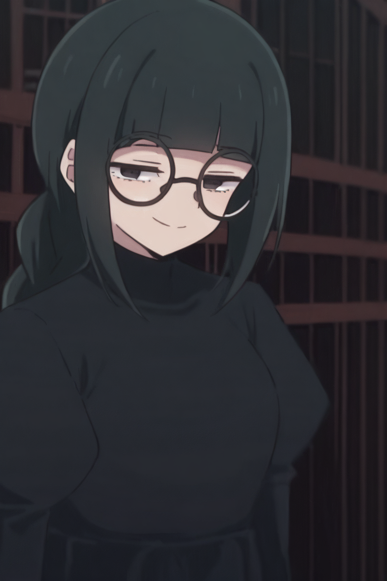 <lora:meetyan:0.8>
############################################
score_9, score_8_up, score_7_up, score_6_up, 
############################################
1girl,solo,
############################################
meetyan,
##########################################
, black eyes
glasses,, black-framed eyewear,round eyewear,
long hair,bangs,,black hair, blunt bangs, sidelocks, single braid,braid,twin braids,braided ponytail,
 long sleeves,dress, puffy sleeves,,black dress,gloves,juliet sleeves, black gloves
##########################################
bookshelf,indoors,library, 
#########
meetyan, smile, glasses, closed eyes, solo, 1girl, simple background, bangs, black hair, short hair, blunt bangs, round eyewear, closed mouth, portrait, black-framed eyewear, bob cut, sidelocks, green hair