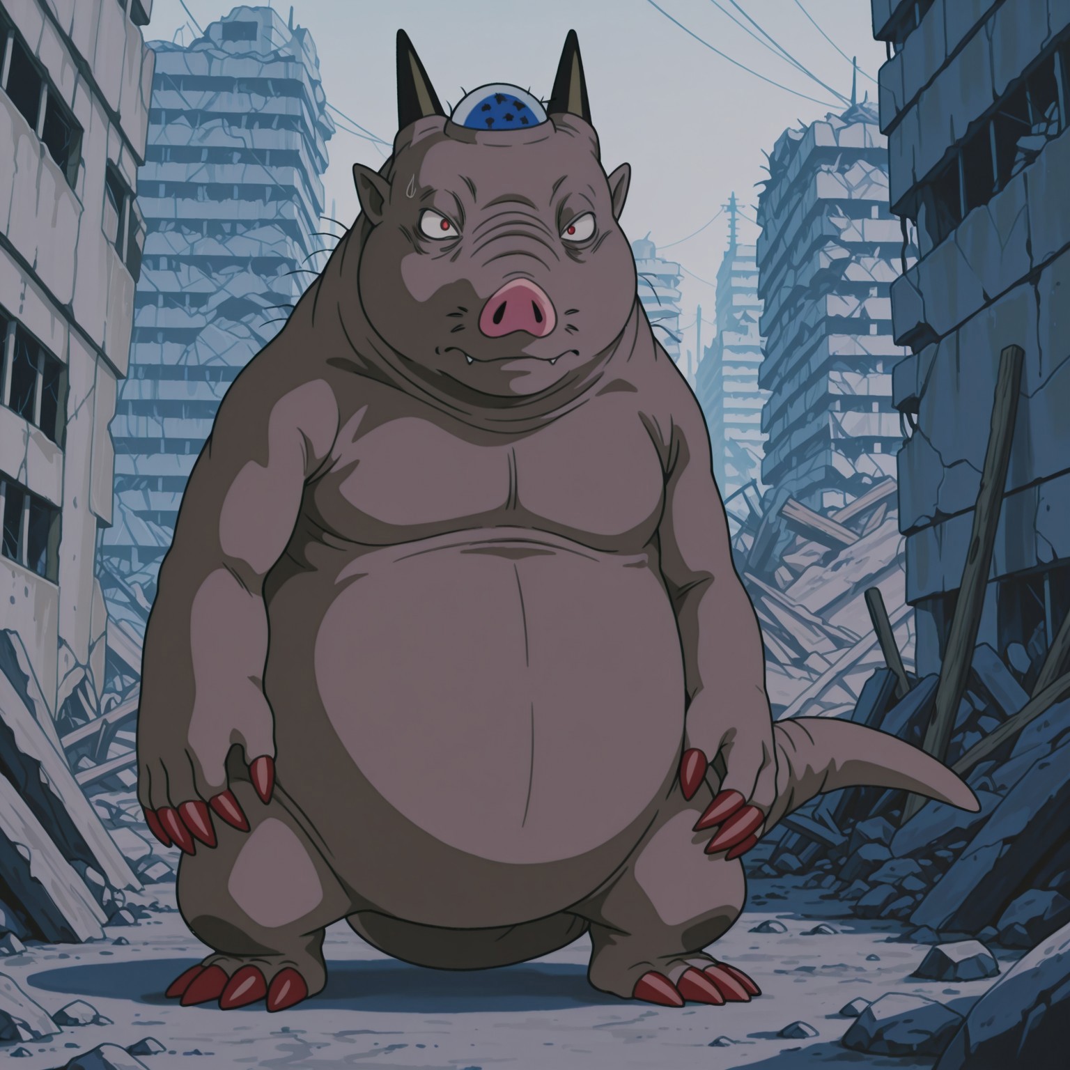 Truenaturon, Solo, 2d, male, 1boy, monster, Brown skin, horns, red eyes, red claws, pink nose, whiskers, pointy ears, tail, toe claws, best quality, amazing quality, very aesthetic, absurdres, newest

BREAK standing, looking at viewer, outside, outdoors, city, destroyed city, rocks, ruins