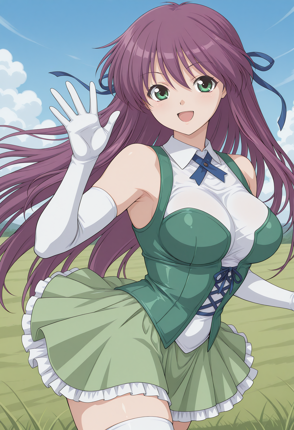 tomisawa_rei, green eyes, purple hair, long hair, hair ribbon, blue ribbon, elbow gloves, white gloves, collared shirt, white shirt, green bustier, sleeveless, white stomach, green skirt, frilled skirt, white thighhighs, zettai ryouiki, <lora:tomisawa_rei_illustrious_ver1:0.8> 
smile, open mouth,, masterpiece, best quality, very aesthetic, absurdres, general,, 1girl, solo, blue sky, (grasslands:1.2), looking at viewer,, (cowboy shot, dynamic pose:1.4),