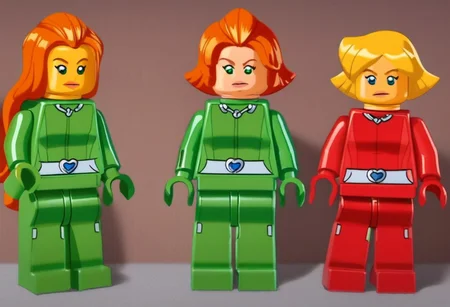 score_9, score_8_up, score_7_up, score_6_up, lego minifig,, BREAK, 1girls, 3girls, multiple girls, \(totally spies\),lego minifig, samts, alexts, cloverts, orange hair, green eyes, blonde hair, blue eyes, brown hair, brown eyes, red bodysuit, green bodysuit, yellow bodysuit,