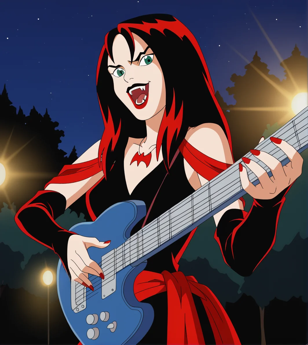score_9,score_8_up, score_7_up,
hexthorn, 1girl, solo, long black hair with red highlights, green eyes,
black and red dress with red draped sleeves, elbow gloves, red sash, red bat necklace, lipstick,
playing guitar, holding guitar, on stage, yellow spotlight,
open mouth, fangs, pointy teeth, vampire, outdoors, night, night sky, trees,
retro_artstyle, cartoon, source_cartoon, lowres, 1990s_style,
<lora:Thorn_The_Hex_Girls:.9>