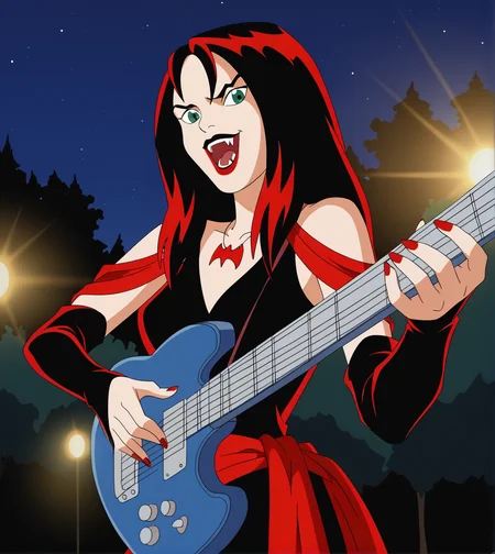 score_9,score_8_up, score_7_up,
hexthorn, 1girl, solo, long black hair with red highlights, green eyes,
black and red dress with red draped sleeves, elbow gloves, red sash, red bat necklace, lipstick,
playing guitar, holding guitar, on stage, yellow spotlight,
open mouth, fangs, pointy teeth, vampire, outdoors, night, night sky, trees,
retro_artstyle, cartoon, source_cartoon, lowres, 1990s_style,
<lora:Thorn_The_Hex_Girls:.9>
