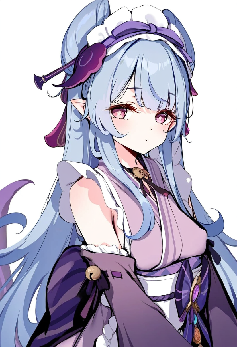 1girl,yumemizuki mizuki,solo,long hair,pointy ears,japanese clothes,detached sleeves,purple kimono,apron,pink eyes,maid headdress,tail,wa maid,blue hair,headdress,cone hair bun,maid,frills,bare shoulders,white apron,obi,hair bun,sash,vision \(genshin impact\),long sleeves,bell,
upper body,white background,
ke-ta,
newest,absurdres,highres,masterpiece,best quality,year 2024,
<lora:yumemizuki_mizuki_NoobVpred10:1>,