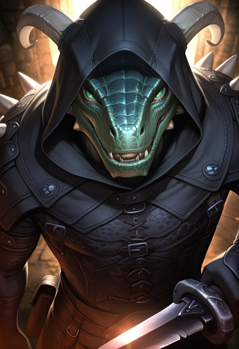 Masterpiece, best quality, ultra-detailed, cinematic lighting, detailed eyes,tes4oblivion, 1boy, solo,arg0nian,scalie, reptile, scales, horns, jaw spikes, spikes, sharp teeth, assassin, wielding dagger, standing, dungeon background, black hood, green scales, portrait