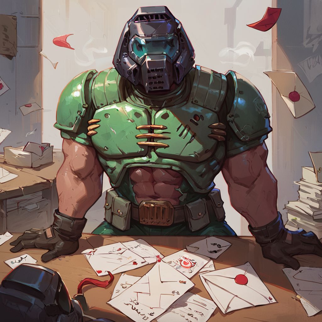 score_9, score_8_up, score_7_up, high quality, doomguy, 1boy, armor, helmet, doomguy writing a friend a letter, sitting at a desk, happy vibes,