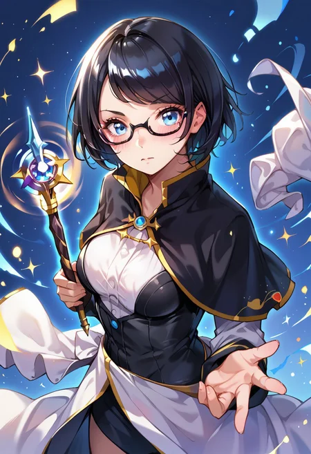 score_9, score_8_up, score_7_up, source_anime,
1girl, short hair, black hair, glasses, blue eyes, swept bangs, medium breasts, sorcerer, wand, magic, blush, Fixhand